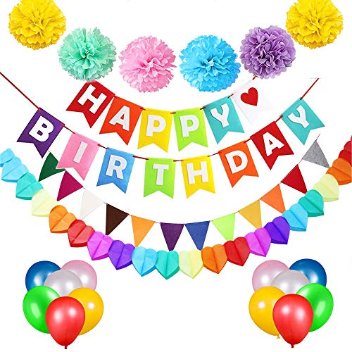 Décorations d'anniversaire de Fête, Happy Birthday Banderole + Pompon Fleur + Guirlande + Ballons pour Anniversaire,Mariage,Douche de Bébé, Fêtes,Guirlande Anniversaire Cover