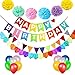 Produktbild Alles Gute zum Geburtstag Party Dekoration Banner Girlande mit 6 Pom Poms Papierblume, 15 Luftballons,1 Regenbogenfarben Flaggen, 1 Rainbow Paper Garland, Junge Mädchen Geburtstag Party Dekoration
