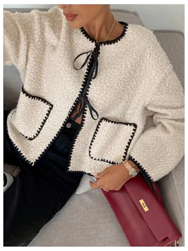 Verdusa Women's Bow Tie Teddy Coat Faux Fur Long Sleeve Jacket Outerwear with Pockets3