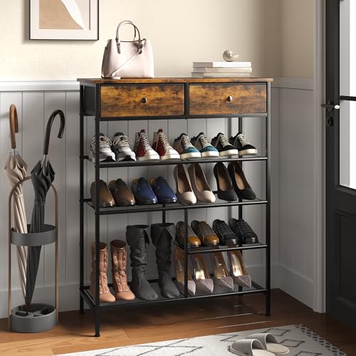Advwin Shoe Rack 5 Tier Shoe Storage Organizer with 2 Drawers and Open Mesh Shelves, Freestanding Shoe Shelves Narrow Shoe Rack Cabinet Walnut