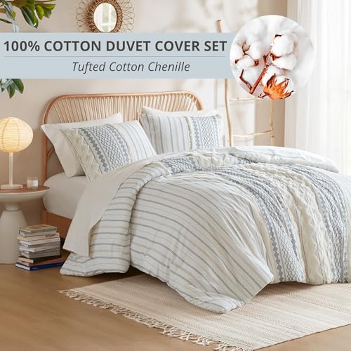 Image of INK+IVY 100% Cotton Duvet Mid Century Modern Design, All Season Comforter Cover Bedding Set, Matching Shams, Full /Queen, Imani Chenille Navy