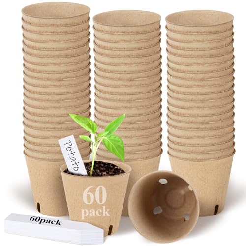 DSUWAZU Peat Pots 60 Pcs 3.15 Inch Seed Starting Pots with Drainage Holes Round Nursery Plants Pots with Bonus 20 Plant Labels (3.15 Inch)