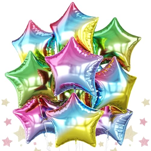 Biapian Gradient Star Foil Balloons, 10PCS Rainbow Foil Stars Shape Balloons, 18 Inch Multicolor Stars Balloon Aluminum for Helium for Kids Birthday, Baby Shower Wedding ColorfulParty Decoration