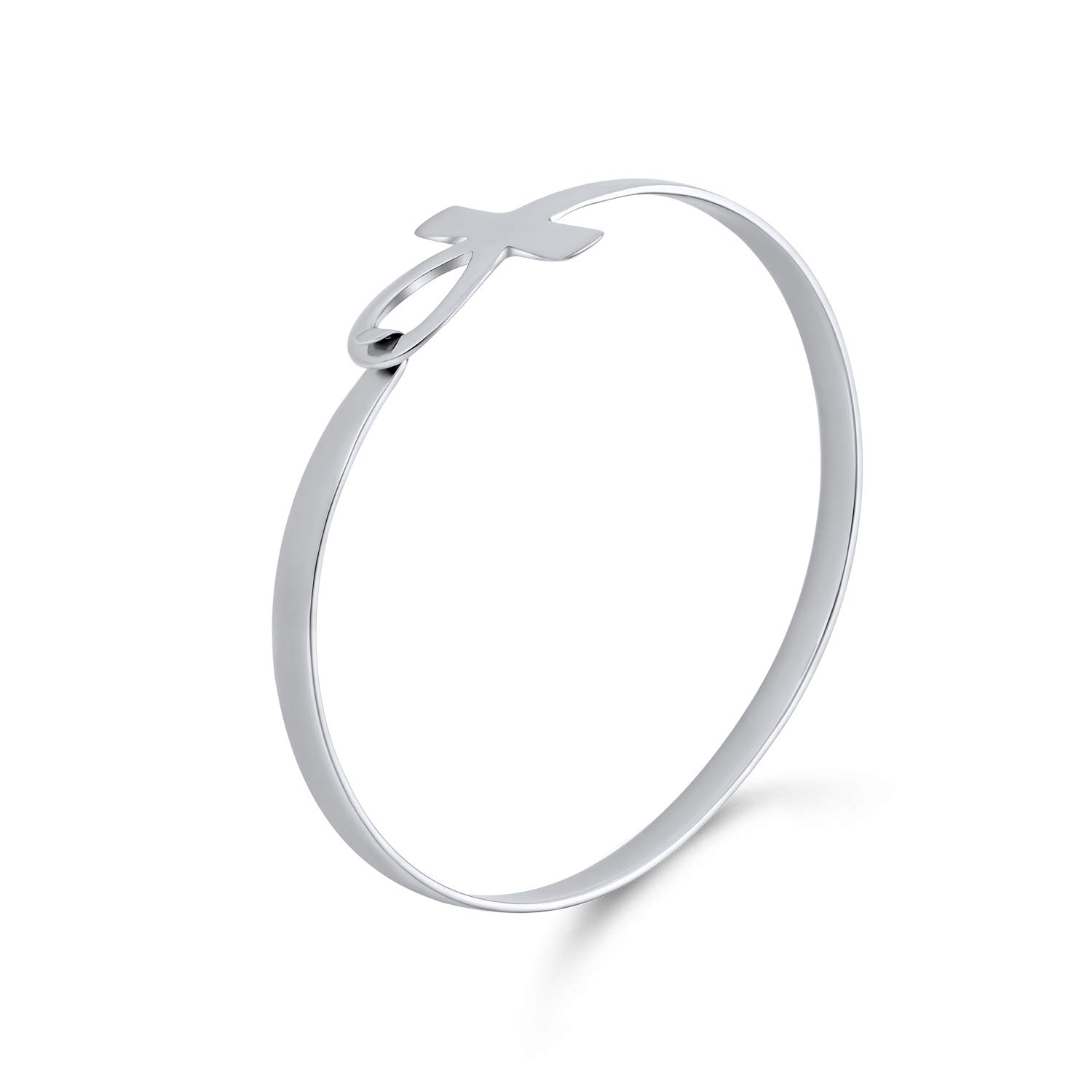 Bling Jewelry Bracciale Rigido Con Croce Ankh Egiziana In Argento Sterling 925 Per Donne Adolescenti - Chiave Spirituale Della Vita Incisa Personalizzata In Orizzontale