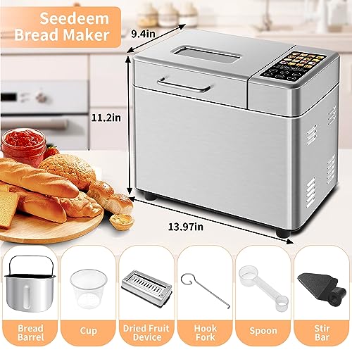 SEEDEEM 16 in 1 Bread Machine, 2.2LB Stainless Steel Bread Maker with Fruit and Nut Dispenser, Nonstick Ceramic Pan, 3 Crust Colors, 3 Loaf Sizes & Touch Panel Recipes, Silver