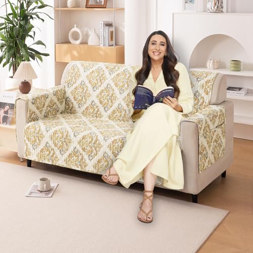 Image of HOKIPO 'VivaCasa Series' Polyester 2 Seater Quilted Sofa Cover with Pockets, Damask Beige (IN-739-D4)