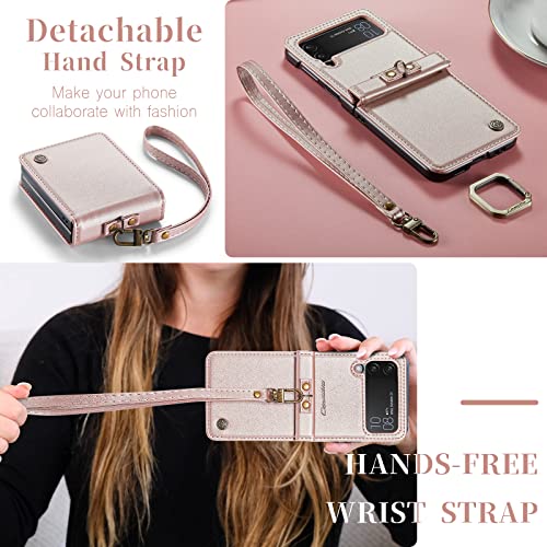 Asapdos Samsung Galaxy Z Flip 4 Case,Ultra Thin Suede Pu Protective Cover With Ring And Wrist Strap,Camera Protector Case For Samsung Galaxy Z Flip 4 5G(Rose Gold) #TOP1