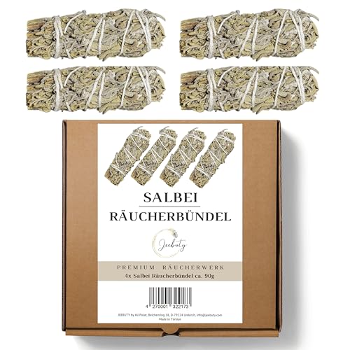 JEEBUTY Salbei Räucherbündel, 4 Stück, ca. 10cm & 90g, zum Räuchern, Räucherset
