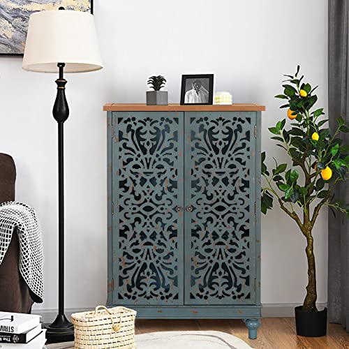 Phi Villa 47.4'' Tall Accent Cabinet With 2 Doors Handmade Rustic Carved Storage Cabinet 3 Tier Distressed Cabinet For Living Room Bedroom Entryway Corner Blue #TOP6