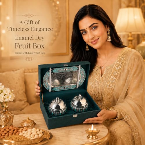 Image of Diviniti Silver Plated 2 Bowl Tray Set with Lids | Decorative Serveware for Dry Fruits, Sweets & Mouth Fresheners | Luxury Home Decor & Gifting Item for Dining Table, Diwali & Corporate Gifts (Blue)