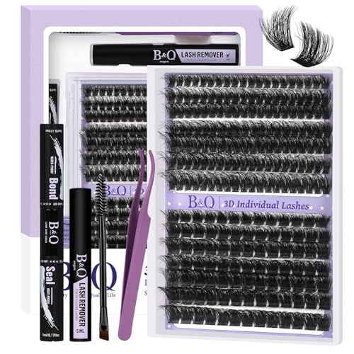 B&Q Fluffy Lash Clusters Kit 100D+200D Dramatic Eyelash Clusters Kit 10-18MM 0.05MM Wispy Lash Thick Volume DIY Individual Lashes 3D Mega Eye Lashes Suitable for Beginners at Home(KIT-100D+200D)
