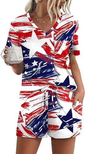 Image of RUBZOOF Women's Short Sleeve Pajama Sets with Pockets Casual V Neck 2 Piece Lounge Sets S-3XL