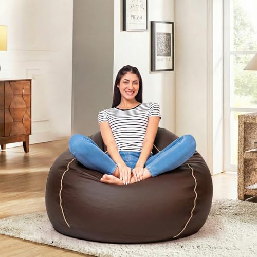Image of Amazon Brand - Solimo 5XL Premium Faux Leather Bean Bag Filled with Beans for Living Room | Capacity Upto 6'7 inch Height & 130 Kg Weight | Pre-Filled Bean Bags for Office Use (Brown with Beige Piping)