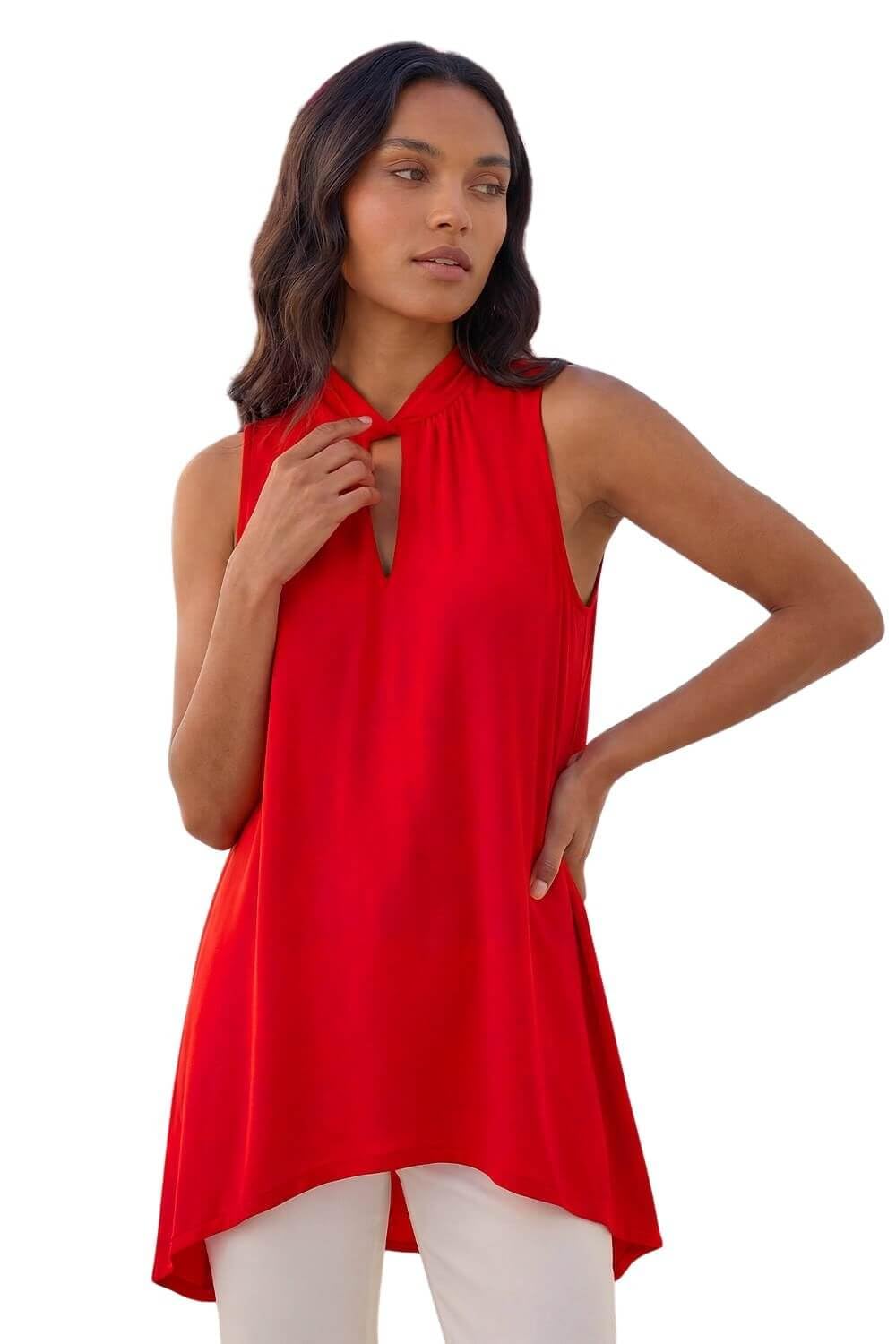 Roman Originals Women's Red Metallic Leaf Print Stretch Top For Uk - Everyday Holiday Spring Summer Halter Neckline Comfy Soft Evening Vacation Work Party - Size 10