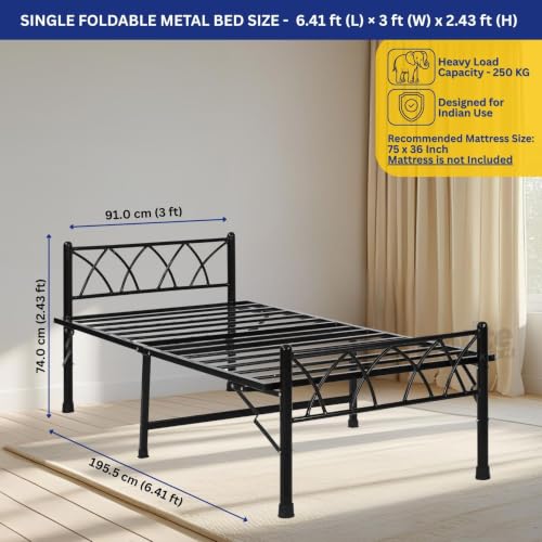 Image of DELITE KOM Mario Foldable Metal Bed | Single Size (6.41ft x 3ft) | Portable | No Installation | Strong Steel Frame | Powder Coated | Heavy Load | for 75 inchx36 inch Mattress | Glossy Black | 1 Year Warranty