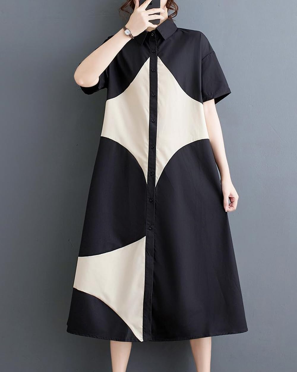 ellazhu Women's Short Sleeves Color Block Midi Length Button Down Shirt Dress GZ191 A - Image 4
