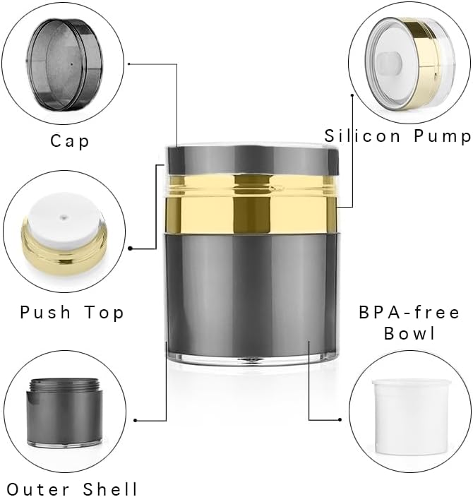 Miniatura 4 de Juego de dos dispensadores de bomba hidratante sin aire negro y dorado, un frasco de 1.7 onzas más un frasco de 0.5 onzas para hidratante, lociones
