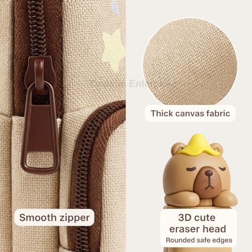 Image of Kawaii Cute Pencil Pouch with Push Pull Eraser & Refill | Canvas Zipper Pen Case for Kids | Capibara Cartoon | Safe Non-Sharp Edges | School Stationery Gift (Ages 5+)