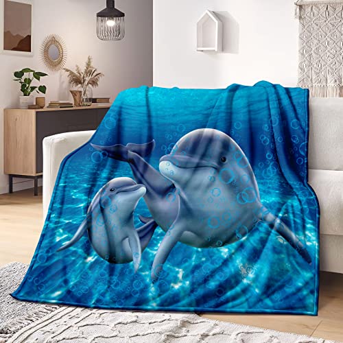 Bducok Dolphin Throw Blanket,Cute Dolphin Jumping Blue Ocean Animal Themed Blanket For Kids Boys Girls Adult Room Decor Cozy Soft Flannel Plush Throw Blanket (Ocean Dolphin Blankets 3004-60"X50") #TOP1
