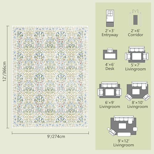 Image of Washable 9x12 Area Rug - Light Green Vintage Floral for Living Room, Dining Room Under Table & Bedroom - Soft Low Pile, Non-Slip & Stain Resistan