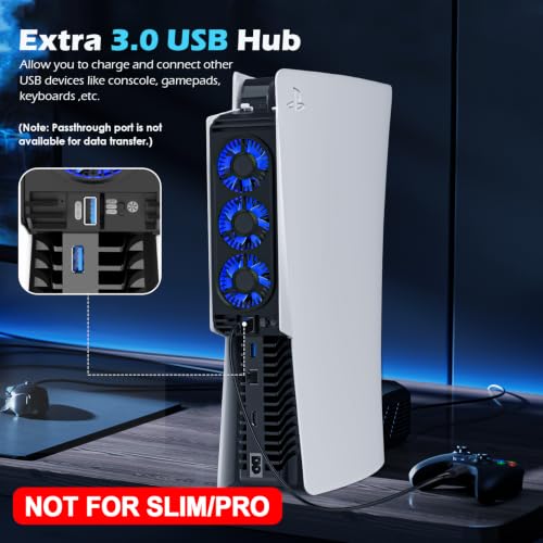 Wentylator PS5 z oświetleniem LED, cichy wentylator chłodzący do PS5 HUIJUTCHEN Cichy wentylator chłodzący do PS5 z 3 wentylatorami i złączem USB kontrolera, regulowane poziomy prędkości