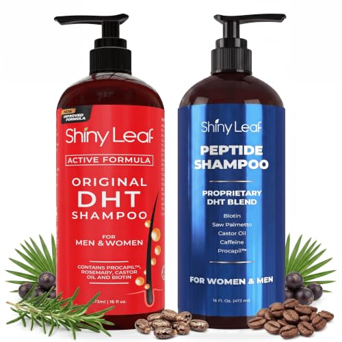 Shiny Leaf Hair Growth Shampoo Bundle - DHT Blocker and Peptide Shampoo Set - Anti Thinning Shampoos with Biotin Caffeine & Saw Palmetto - Sulfate Free Formula for Men & Women 16 oz (Pack of 2)
