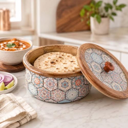 Image of The Earth Store Premium Wooden Medina Casserole for Roti - 1600ML Handcrafted Mango Wood with Resin Art Roti Casserole | Elegant Wooden Roti Box | Chapati Box for Dining & Gifting