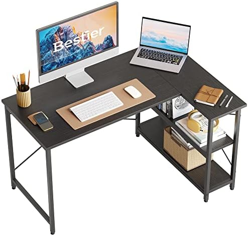 Bestier L Shaped Desk Computer Desk with Shelves Small Corner Desk 140CM Reversible Computer Desk Writing Table with Bookshelf for Home Office Small Space