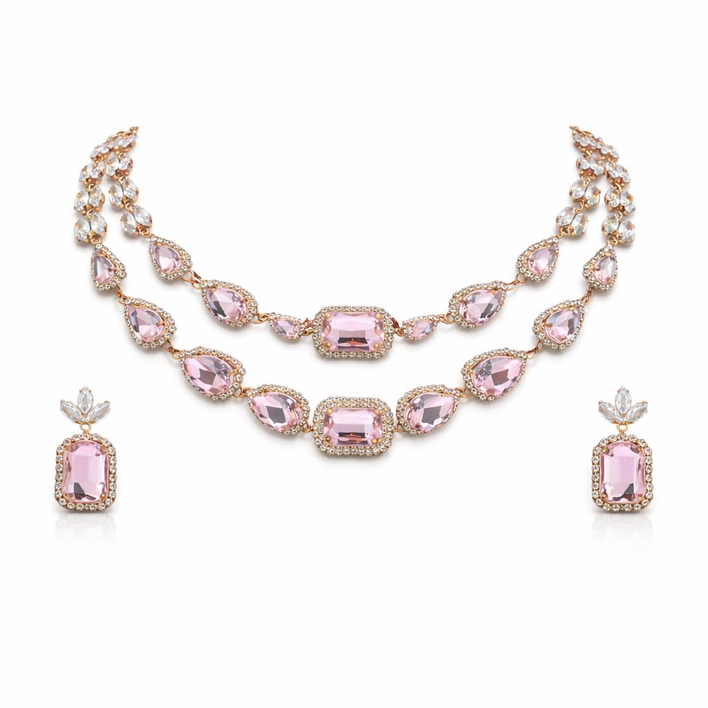 Blush Pink Stone Layered Necklace and Earrings Set | Premium Statement Jewellery Set for Party & Festive Occasions-image-39