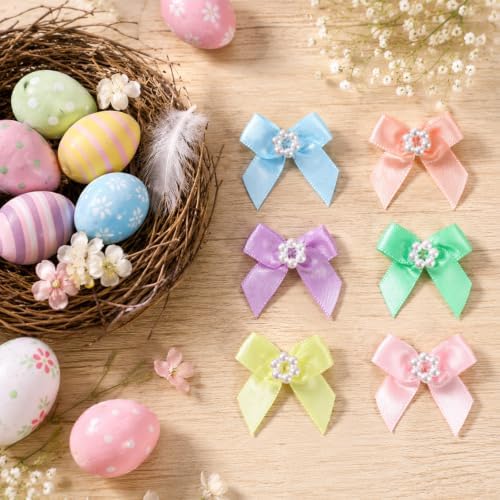 60PCS Pastel Satin Ribbon Bows with Twist Tie, Mini Bows for Crafts with Pearl 1 Inch Small Bow for Sewing, Scrapbooking, Wedding, Birthday Party Decorations, Easter Wrapping, Treat Bags (Pastel) — 사진 2