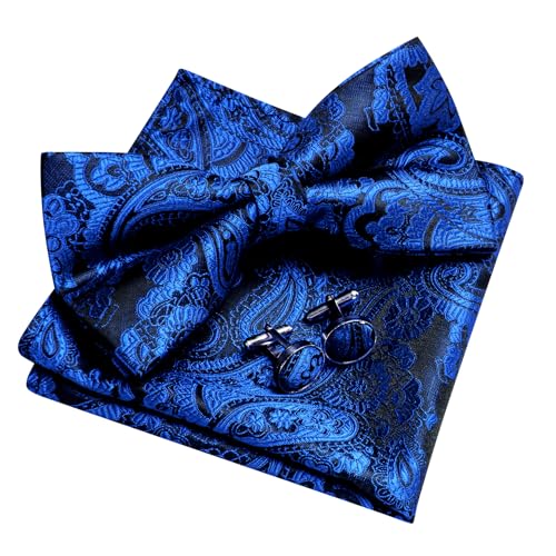 Image of YOHOWA Mens Bow Tie Set Paisley Pre-tied Bowties Adjustable with Handkerchief Cufflinks Gold Ring Set Wedding Prom Party
