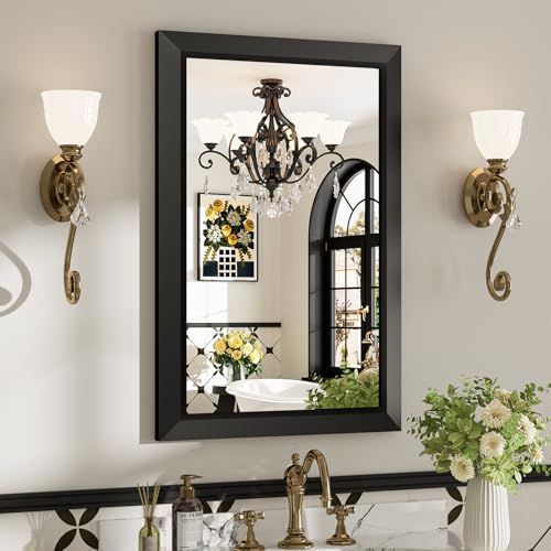 Image of 20x30 Inch Black Bathroom Mirror for Wall, Beveled Framed Rectangle Bathroom Vanity Mirrors for Over Sink, Bedroom, Living Room, Entryway, Anti-Rust, HD Tempered Glass, Horizontally /Vertically