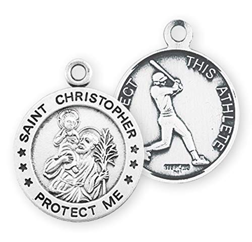 Saint Christopher Round Sterling Silver Baseball Male Athlete Medal | 1.0" X 0.8" (25Mm X 20Mm) | Deluxe Velvet Gift Box | 24" Rhodium Plated Endless Curb Chain | .925 Sterling Silver | Baseball #TOP2