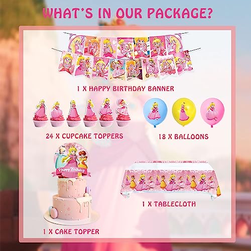 46Pcs Princess Peach Theme Birthday Party Supplies 2023 For Girls Party Decorations And Daisy Party Favors Including Cake Decorations Cupacke Toppers Tablecloth Princess Banner Balloons #TOP1