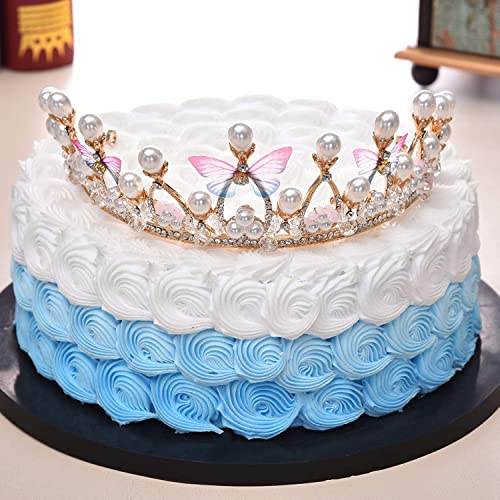 Image of RENESMEE Crystal Tiara Crown Pearl Princess Costume Crown Headband Flower Pageant Handmade Hair Accessories Cosplay, Birthday, Celebration for Girl Women