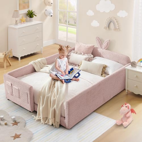 Image of Full Size Kids Bed with Rabbit Ear Headboard, Upholstered Boucle Fabric Full Daybed with Slats Support & Side Pockets, Space-Saving Wooden Corner Sofa Couch Bed Frame for Girls, Boys, Teenager(Pink)