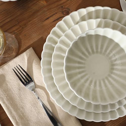Image of Gibson Elite Peach Orchard 12-Piece New Bone China Dinnerware Set Service for 4, Embossed Fluted Plates and Bowls, Dishwasher and Microwave Safe, Cream White