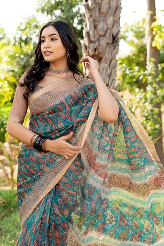 Image of MIRCHI FASHION Kota Doria Cotton Saree with Blouse Piece | Leaf Floral Printed Saree for Women | Traditional Ethnic Daily Wear Summer Saree