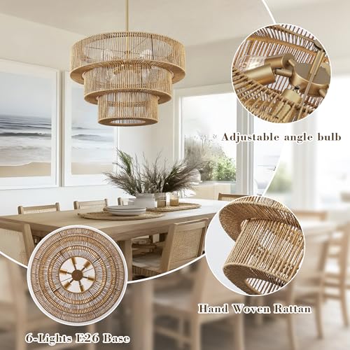 25.19" Boho Hand Woven Rattan Chandelier Light Fixture, 6-Lights, Large by XBSYEO - Used condition - Image 3
