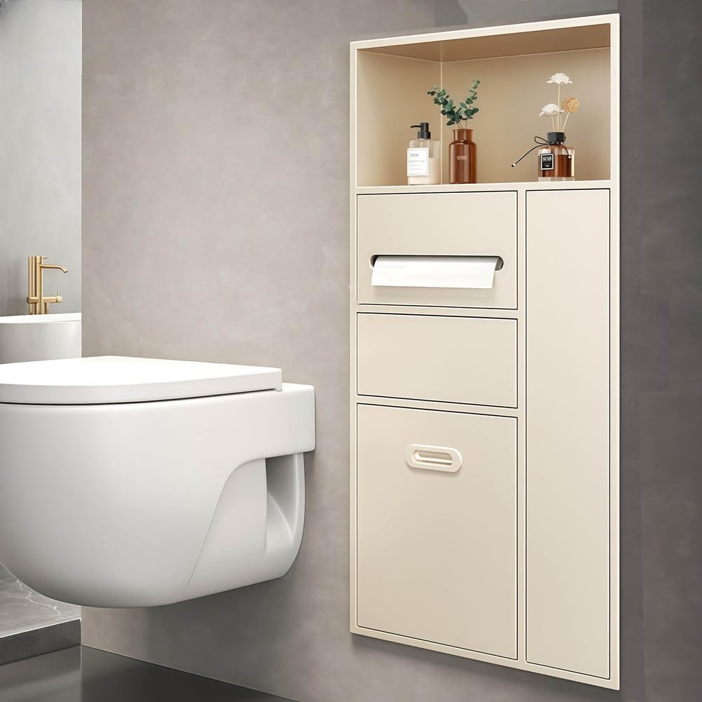 IUokLU Recessed Paper Towel Dispenser with Built-in Trash Can and Storage Cabinet for Bathroom,Hotel,Restaurant Use（03）