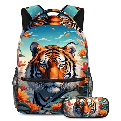 Sac à dos d'école tigre et fleur lot de 2 avec trousse assortie pour ados