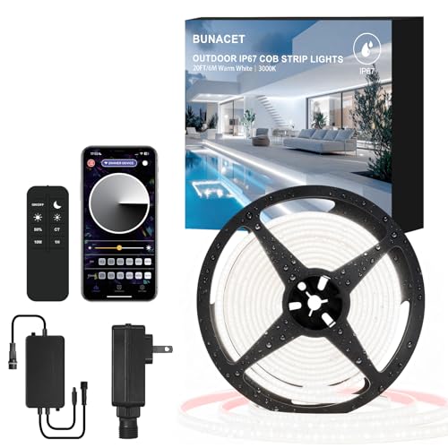Image of 20ft COB Outdoor LED Strip IP67 Waterproof, 6500K Cold Whit DC24V Flexible LED Rope Strips with Remote & App Control Dimmable, DIY Lighting for Indoor, Outdoor, Bedroom, Garden, Patio
