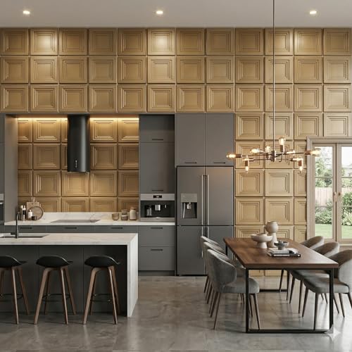 Image of Kayra Decor 3D Wall Panels | PVC Wall Tiles | Square Box Design | Champagne Gold | Pack of 12 (32.28 Sq. Ft.)