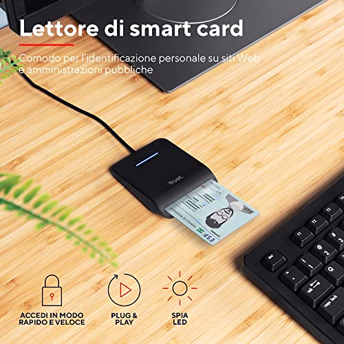 Trust Primo Lettore di Smart Card, DNI, Conforme con FIPS 201, FIPS TAA e ISO 7816 Classe A, B, C, Cavo di 100 cm, USB Plug & Play, Nero