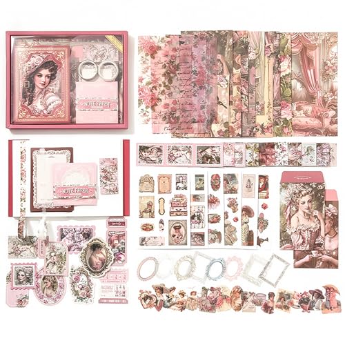 Image of The AutoStory Elegant Scrapbook Album A6 Junk Journal Flower Stickers Vintage Collage Paper Washi Tape DIY Craft Art Keepsake Memory Book Decoration Sets Teens Girls (Royal Camelia, Pink)