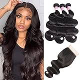 AliPearl Hair Bundles Body Wave 3 Bundles with Closure (20 22 24+18 Closure) 10A Brazilian Unprocessed Virgin Hair Body Wave Human Hair 3 Bundles with 4x4 Lace Closure Free Part Human Hair Extentions