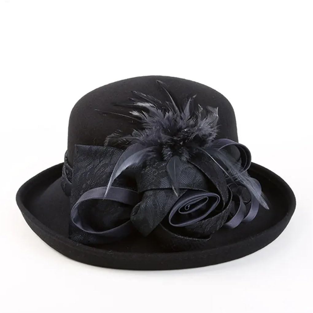 SaoBiiu Vintage Nero Lana Cloche Cappelli Wide Brim Fedora Cappello per le Donne Fiore Marrone Feltro Inverno Bowler Cap Donna Cappello di Feltro