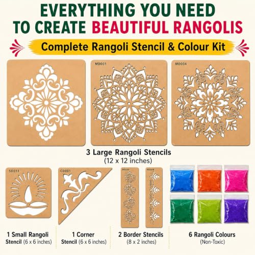 Image of SWAGSTATION Mandala Rangoli Stencils Set Rangoli Stencil Big Size for Floor (Set of 7 Stencil, 6 Rangoli Colors Set, Mandala Decorative Stencils Combo) Mandala Rangoli Making Tools Kit, Multi