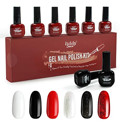 Gel Nail Polish Set- 6 Colors 6.5 ML Classic Black Red White Glitter Gel Nail Polish Kit, Soak off LED Lamp Nail Gel Manicure Kit Include Topcoat & Base Coat for Christmas Gel Nail Art