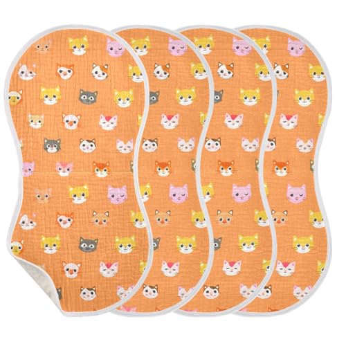4 Pack Baby Burp Cloths, Soft Absorbent Burping Cloths for Babies, Cotton Milk Spit Up Rags, Large Size for Newborns, Baby Boys and Girls (Peach Cat Faces)